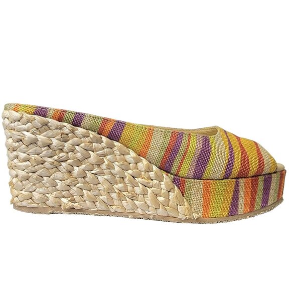 Rainbow Stripe Bohemian Shoes Women 8.5 CL Laundry Boho Wedge Sandals 39 Spring - Picture 8 of 14